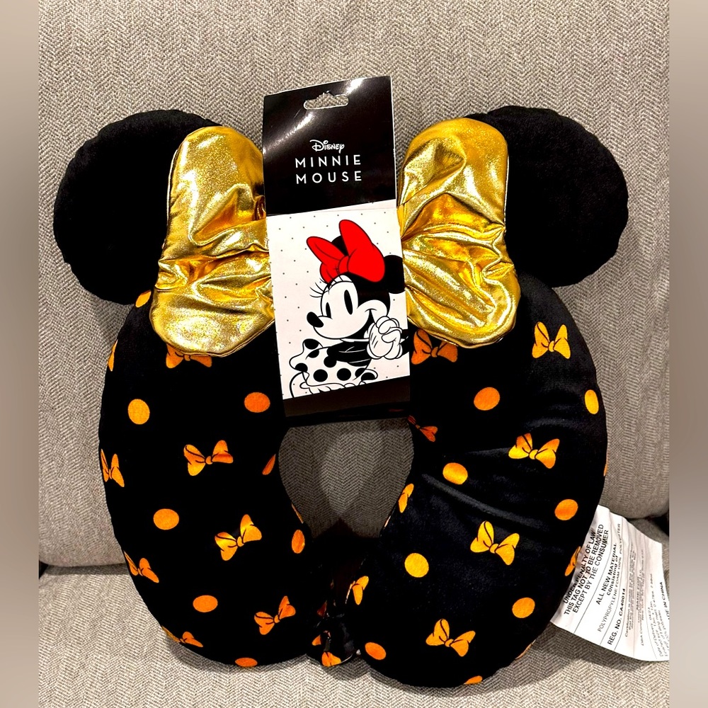 New Disney Minnie Mouse Neck Pillow with Gold Bow and buttoned snap